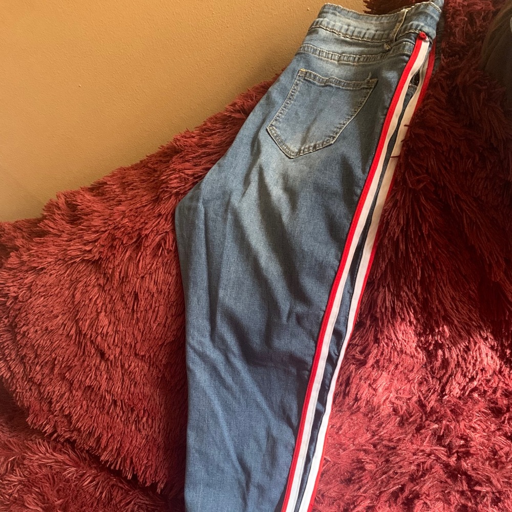 Blue Jeans with Red & White Stripes